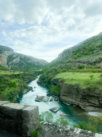 Montenegro Skadar Lake beautiful scenic coast national park panorama. Blue sky water reflection sunny outdoor Mediterranean summer wonderland background. European tourism vacation concept. High quality photoの写真素材