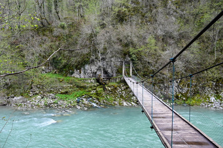 Wooden bridge over a turquoise green river in Montenegro, Europe. High quality photoの写真素材