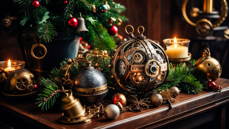 Steampunk Christmas decorations and paraphernalia. Decorations, wreaths on the door with a bell. High quality illustrationの素材