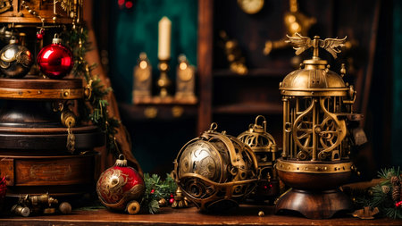 Steampunk Christmas decorations and paraphernalia. Decorations, wreaths on the door with a bell. High quality illustrationの素材