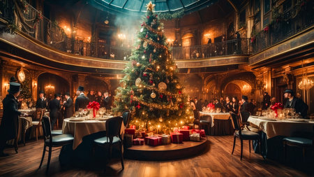 Steampunk Christmas decorations and paraphernalia. Decorations, wreaths on the door with a bell. High quality illustrationの素材