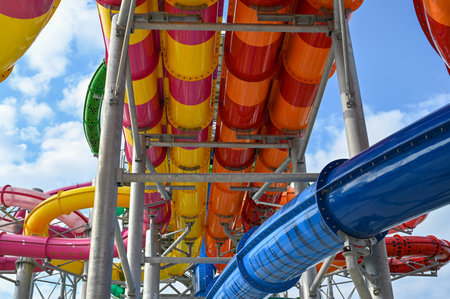 Close-up view of water park water slides against sky background. High quality photoの写真素材