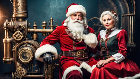 Santa Claus and Snow Maiden in steampunk style. Christmas. New Year. High quality illustrationの素材