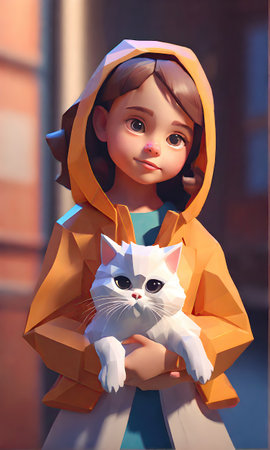 A little girl holds a Persian cat in her arms. Vertical image. High quality imageの素材