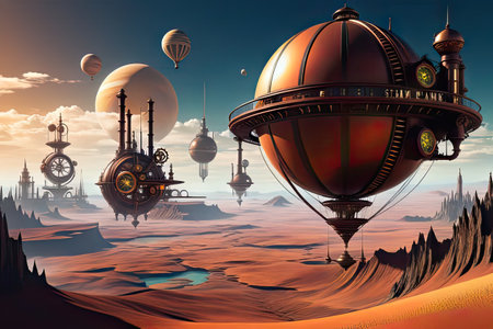 A fantasy city in the steampunk universe. High quality illustrationの素材
