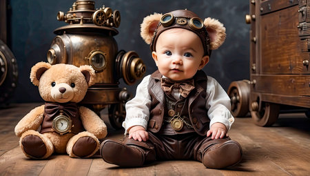 steampunk baby on the floor with toys. steampunk universe. High quality illustrationの素材
