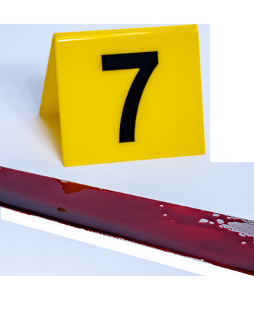 forensic concept - knife in blood and evidence marker at crime scene. on transparent background. High quality photoの写真素材