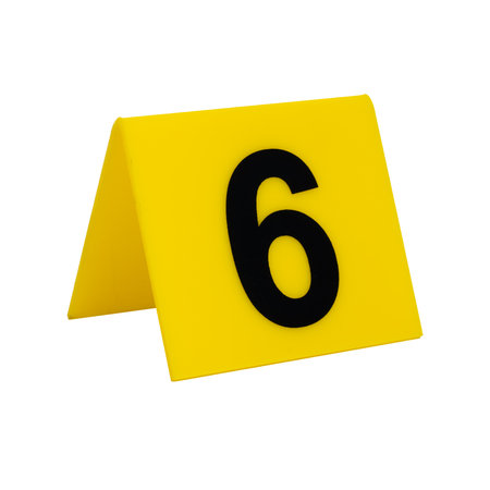 Crime scene investigation. Yellow evidence identification marker on transparent background number 6. High quality photoの写真素材