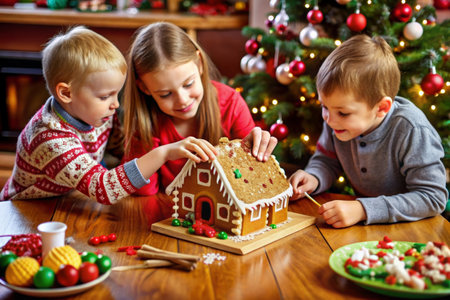 Children sit at the table and decorate a gingerbread house. High quality photoの素材