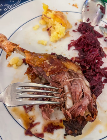 Duck leg with garnish on a plate on the table. High quality photoの写真素材