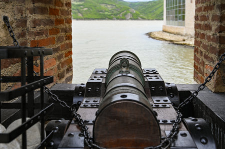 Old cannon on the fortress wall, rear view. Concept: history, defense. A high resolution