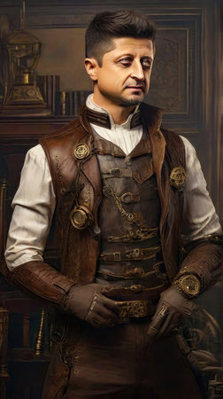 Portrait of a man in steampunk style. Steampunk universe, subculture. High quality illustrationの素材