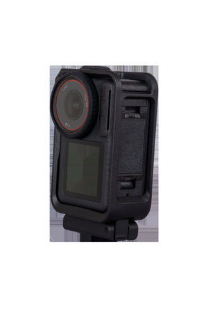 black action camera in protective case on transparent background. High quality photo