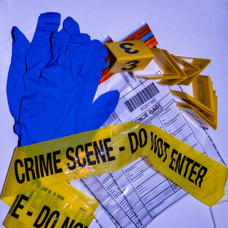 Forensic Scene Tape, Gloves, and Evidence Bag. High quality photoの写真素材