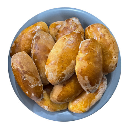 Pirozhki, pirogki. Homemade boat-shaped yeast buns with a variety of fillings. High quality photoの写真素材