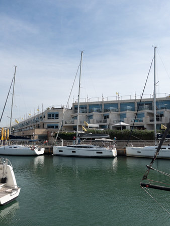 Herzliya Israel November 17, 2025. Yacht Marina. View of the marina from the sea. Beautiful sailing boats. Yachting in Israel. High quality photoのeditorial素材
