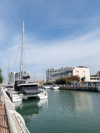Herzliya Israel November 17, 2025. Yacht Marina. View of the marina from the sea. Beautiful sailing boats. Yachting in Israel. High quality photoのeditorial素材