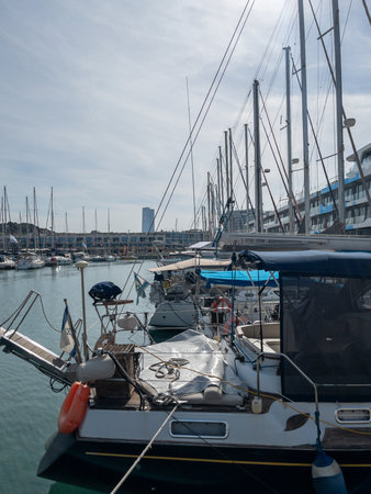 Herzliya Israel November 17, 2025. Yacht Marina. View of the marina from the sea. Beautiful sailing boats. Yachting in Israel. High quality photoのeditorial素材
