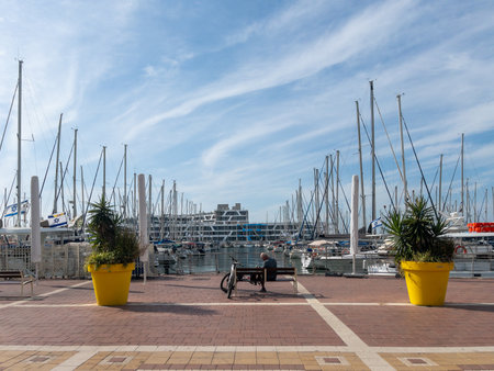 Herzliya Israel November 17, 2025. Yacht Marina. View of the marina from the sea. Beautiful sailing boats. Yachting in Israel. High quality photoのeditorial素材