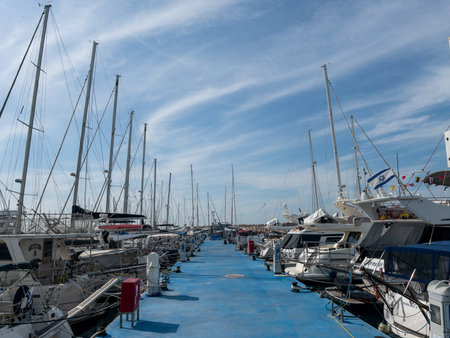 Herzliya Israel November 17, 2025. Yacht Marina. View of the marina from the sea. Beautiful sailing boats. Yachting in Israel. High quality photoのeditorial素材