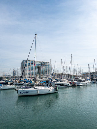 Herzliya Israel November 17, 2025. Yacht Marina. View of the marina from the sea. Beautiful sailing boats. Yachting in Israel. High quality photoのeditorial素材