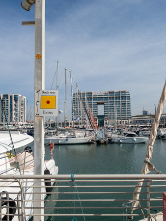 Herzliya Israel November 17, 2025. Yacht Marina. View of the marina from the sea. Beautiful sailing boats. Yachting in Israel. High quality photoのeditorial素材