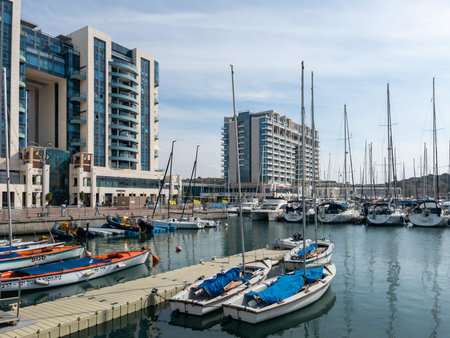 Herzliya Israel November 17, 2025. Yacht Marina. View of the marina from the sea. Beautiful sailing boats. Yachting in Israel. High quality photoのeditorial素材