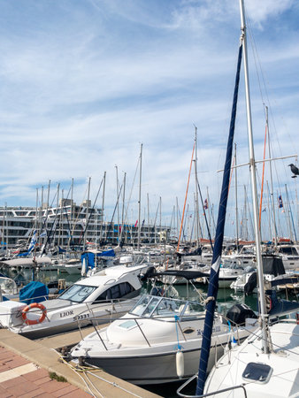 Herzliya Israel November 17, 2025. Yacht Marina. View of the marina from the sea. Beautiful sailing boats. Yachting in Israel. High quality photoのeditorial素材