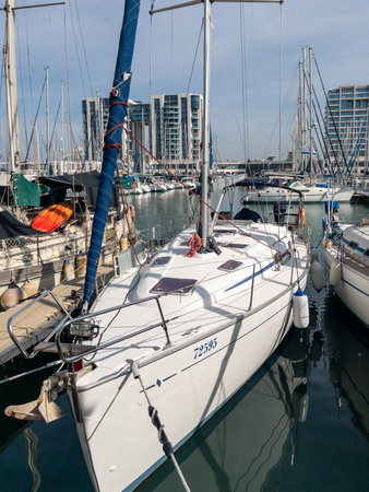 Herzliya Israel November 17, 2025. Yacht Marina. View of the marina from the sea. Beautiful sailing boats. Yachting in Israel. High quality photoのeditorial素材