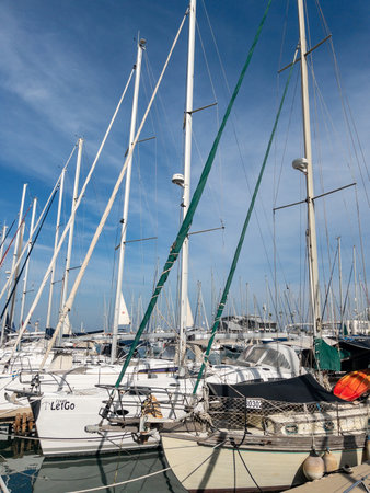 Herzliya Israel November 17, 2025. Yacht Marina. View of the marina from the sea. Beautiful sailing boats. Yachting in Israel. High quality photoのeditorial素材