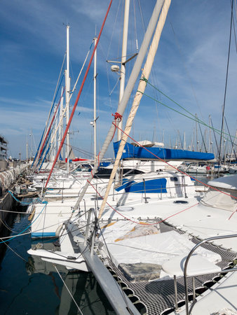 Herzliya Israel November 17, 2025. Yacht Marina. View of the marina from the sea. Beautiful sailing boats. Yachting in Israel. High quality photoのeditorial素材
