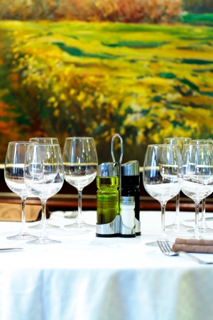 Empty glasses set in restaurantの写真素材