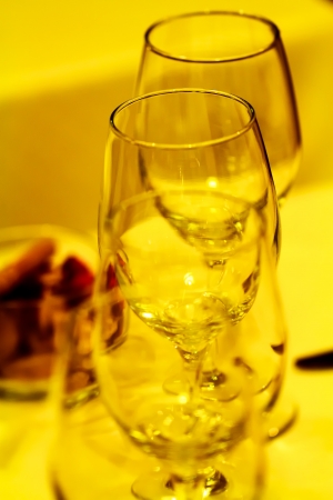 Empty glasses set in restaurantの写真素材
