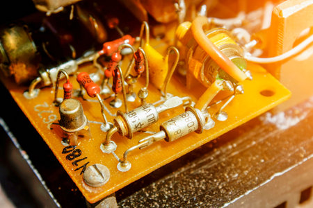 Old electronic components on the board. Retro electronics of the 60s - 70s of the last centuryの写真素材