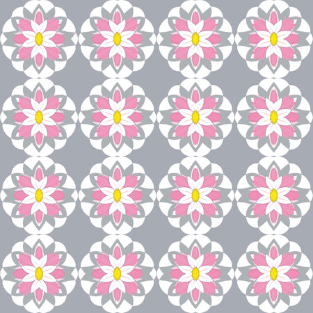 Whimsical pastel floral pattern with pink and white flowers and art deco motifs on gray background, great for high-end home decor and botanical-themed parties.のイラスト素材