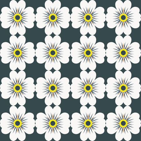 Black background contrasts with white and yellow flowers in this playful, modern floral vector pattern with intricate and detailed motifs, perfect for serene stationery, retro party invitations.のイラスト素材