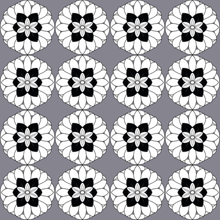 Black and white persian floral seamless repeating pattern with stylized flowers and geometric patterns on gray background, perfect for botanical and artistic prints.のイラスト素材