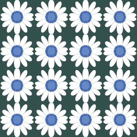 Unique and modern floral pattern with little daisy motifs in shades of blue and white on green background, suitable for playful textile and fashion products.のイラスト素材