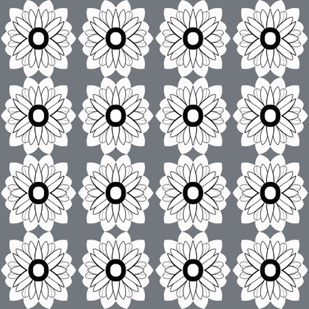 Black and white floral pattern with stylized flowers on gray background, featuring symmetrical and geometric motifs suitable for premium stationery and designer textiles.のイラスト素材