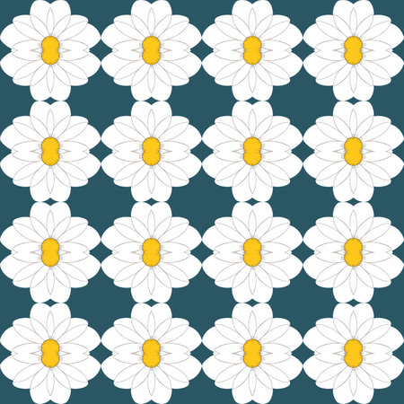 Soft and artistic vector floral seamless repeating pattern with white flowers and yellow centers on peppermint background, perfect for calming curtains or playful party decorations.のイラスト素材