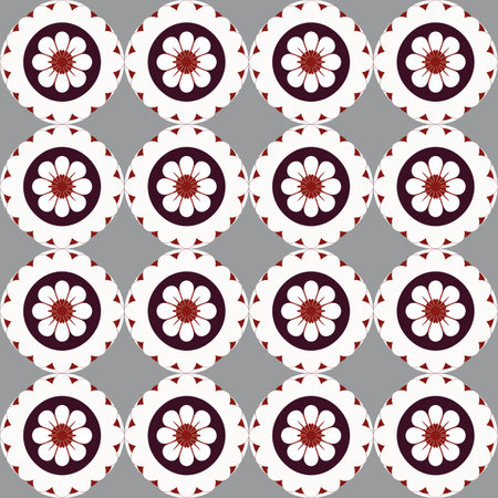 Stylish and creative red and white circular seamless repeating pattern with floor tile-like damask design on gray background, ideal for sophisticated tablecloths or original greeting cards.のイラスト素材