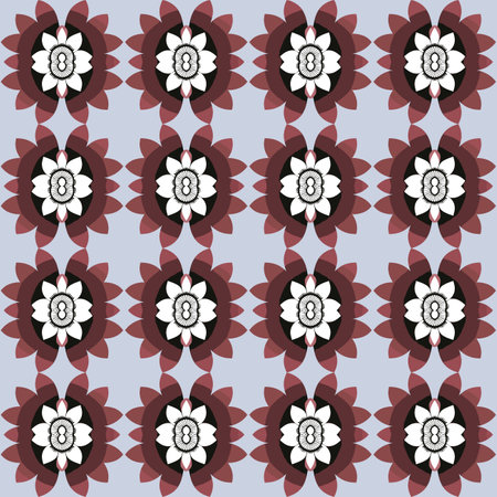 Festive red, white, and blue flower pattern with geometric and stylized motifs in symmetrical vector...