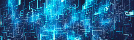 Digital lcd screen texture presents closeup pixelated frame in blue, perfect for modern technology or data focused designs. Wide banner illustration. Vectorの写真素材