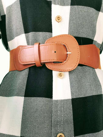 girl wearing plaid button up dress with brown belt /no faceの写真素材