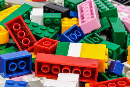 Plastic toy blocks on  white backgroundの写真素材