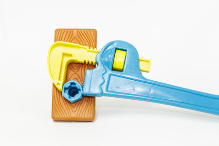 children's toy tool plastic color on a white background.の写真素材