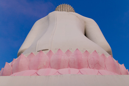 Back side of white buddha with blue skyの写真素材