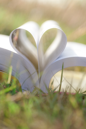 Close up heart shape from paper book on grass fieldの写真素材