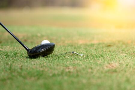 Golf club and ball on a green grassの写真素材