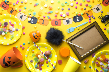 top view of halloween colorful party prop decorの写真素材